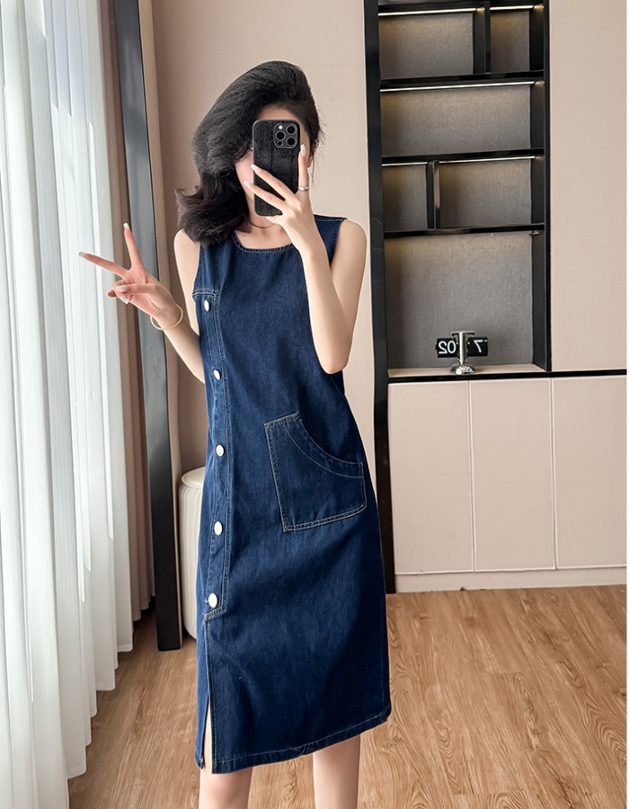 Denim summer straight long dress sleeveless round neck dress