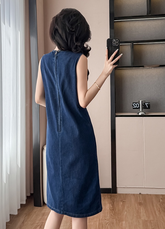 Denim summer straight long dress sleeveless round neck dress