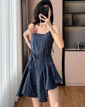 Frenum irregular stripe strap dress navy-blue summer dress