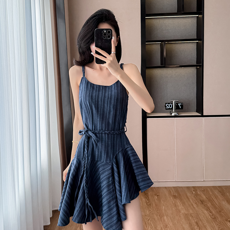 Frenum irregular stripe strap dress navy-blue summer dress