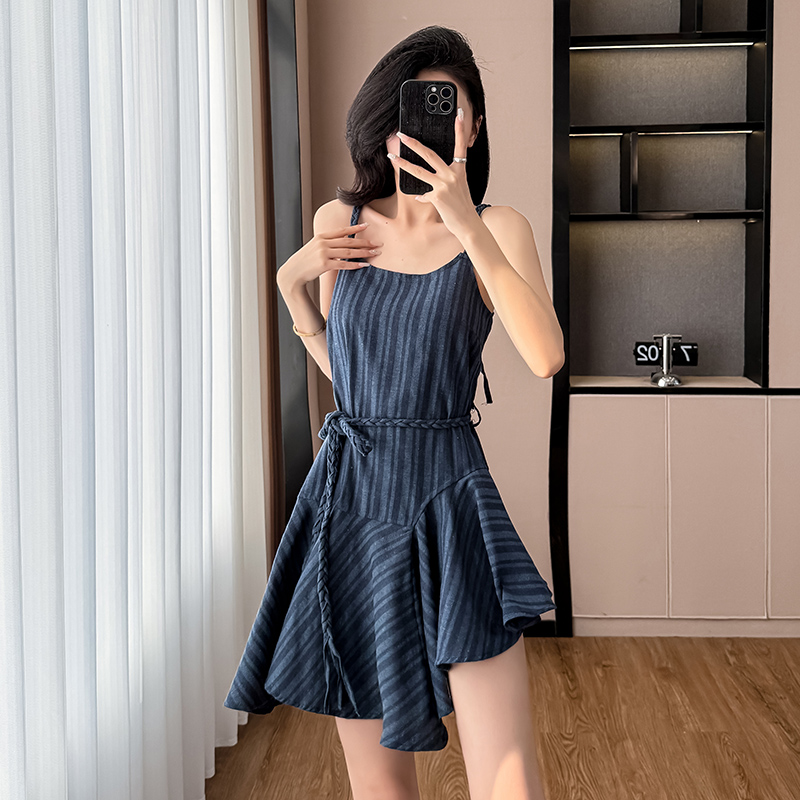 Frenum irregular stripe strap dress navy-blue summer dress