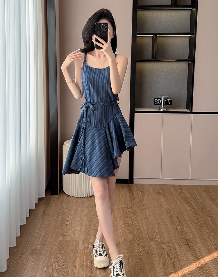 Frenum irregular stripe strap dress navy-blue summer dress
