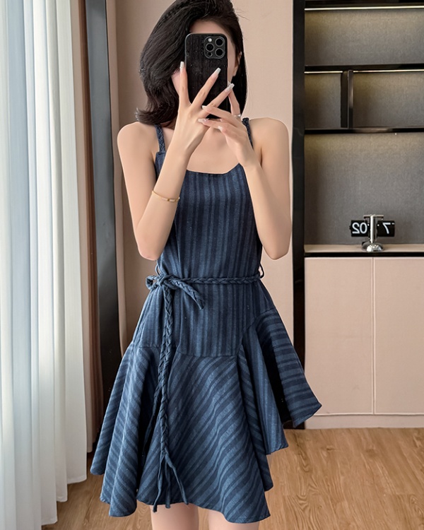 Frenum irregular stripe strap dress navy-blue summer dress