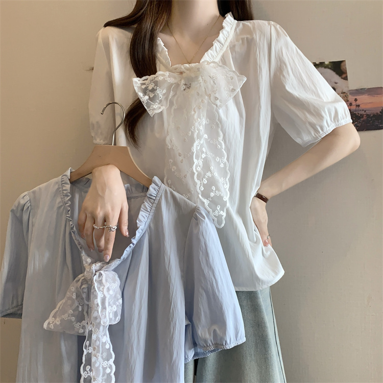 Short sleeve V-neck shirt wood ear bow tops for women