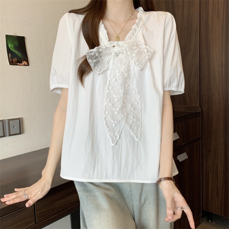 Short sleeve V-neck shirt wood ear bow tops for women