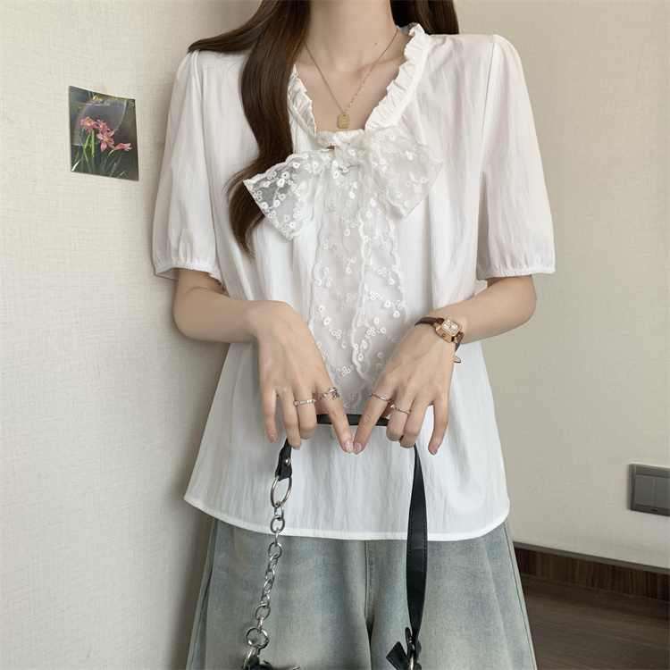 Short sleeve V-neck shirt wood ear bow tops for women