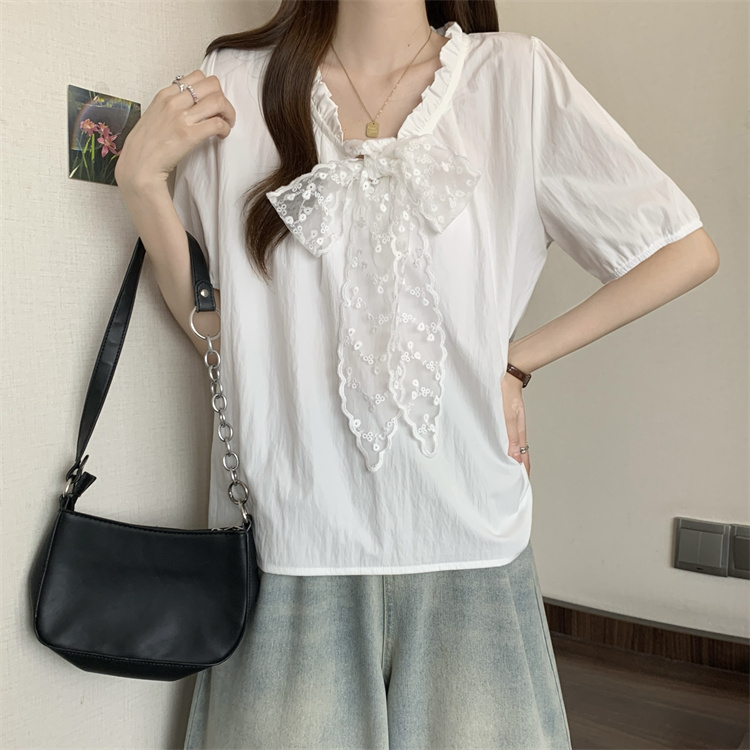 Short sleeve V-neck shirt wood ear bow tops for women