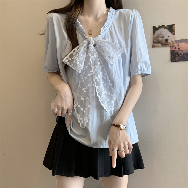 Short sleeve V-neck shirt wood ear bow tops for women