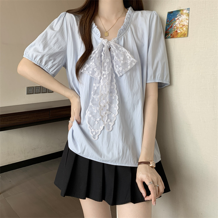 Short sleeve V-neck shirt wood ear bow tops for women