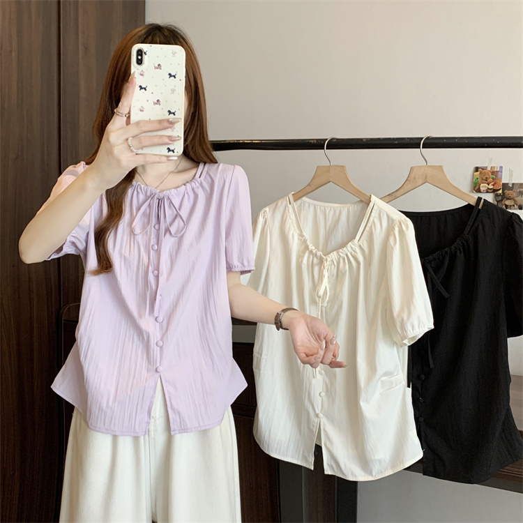 Large yard hollow fat shirt summer slim V-neck tops