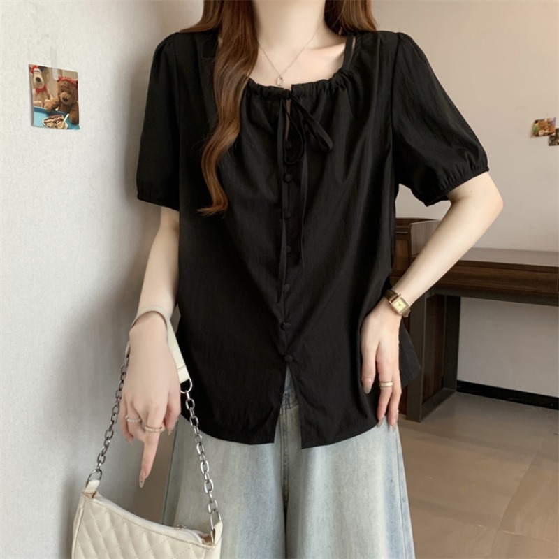 Large yard hollow fat shirt summer slim V-neck tops