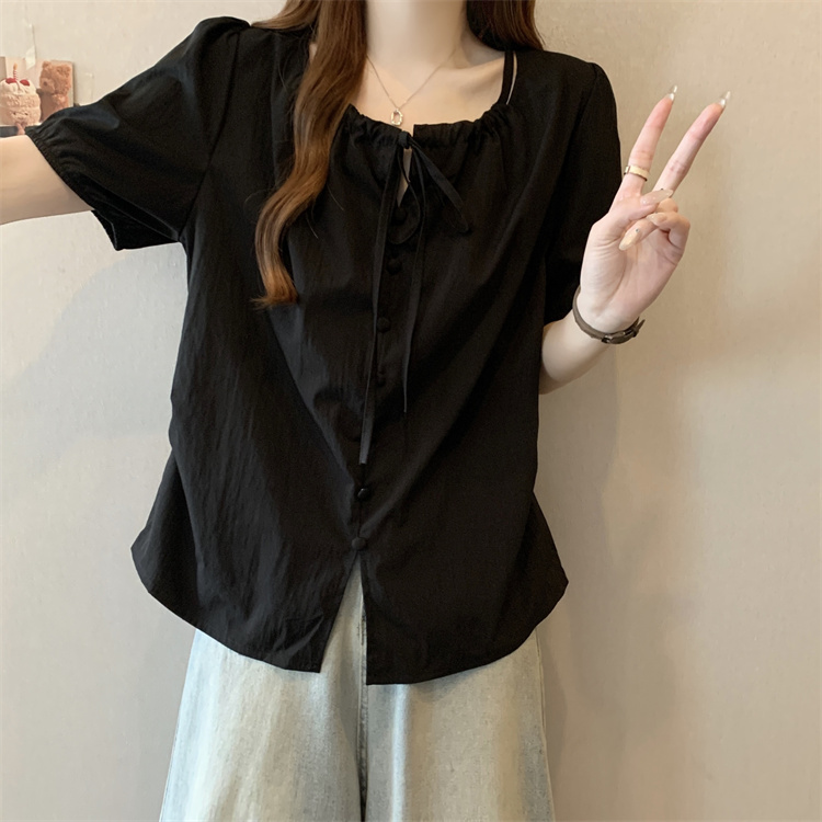 Large yard hollow fat shirt summer slim V-neck tops