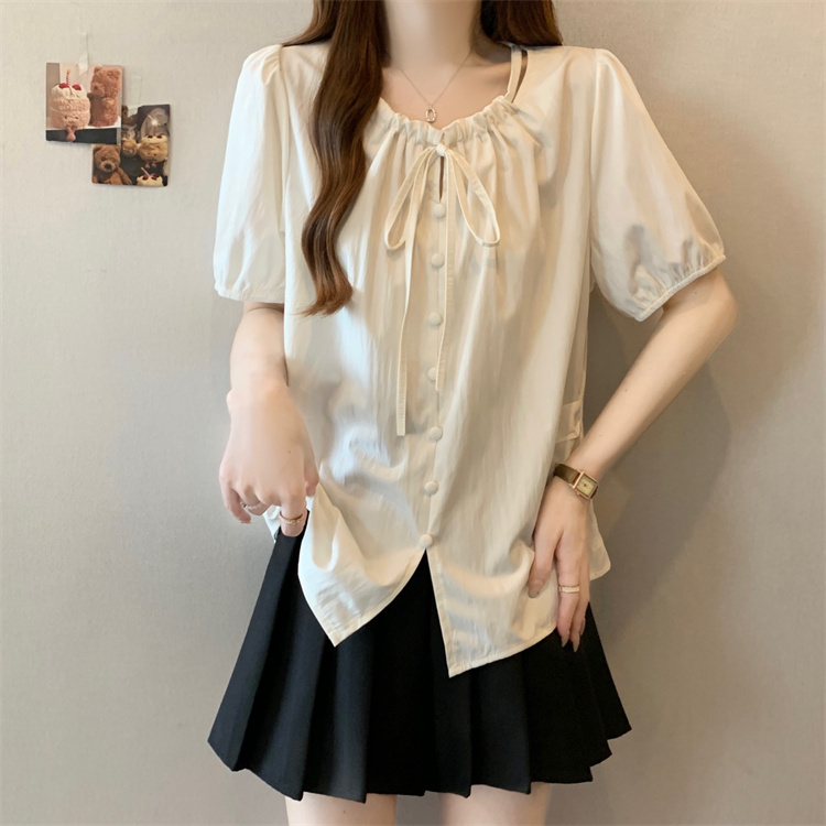 Large yard hollow fat shirt summer slim V-neck tops