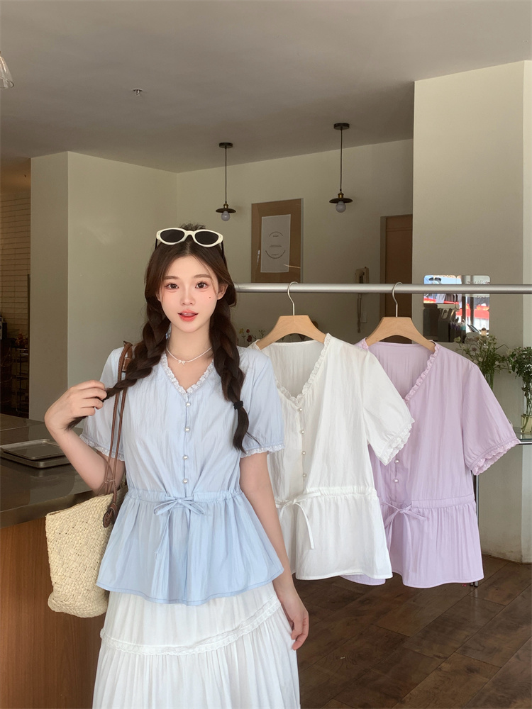 Pinched waist drawstring doll shirt summer shirt for women