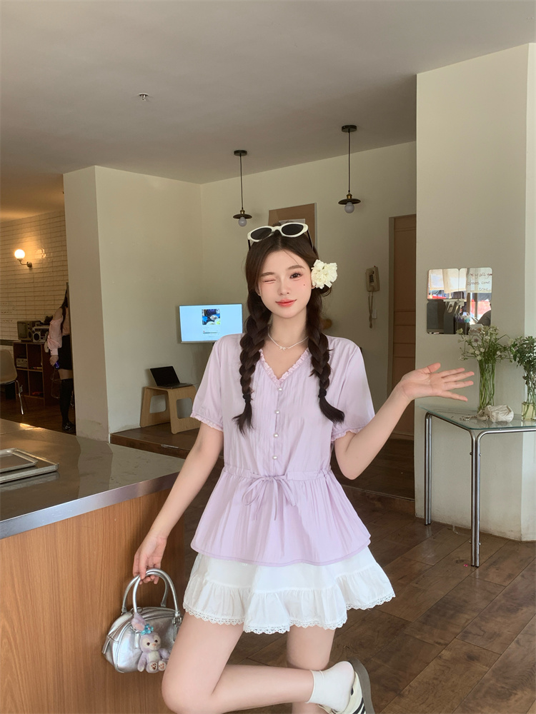 Pinched waist drawstring doll shirt summer shirt for women