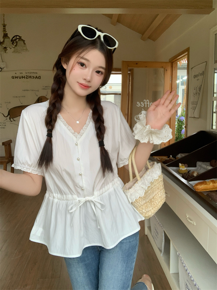 Pinched waist drawstring doll shirt summer shirt for women