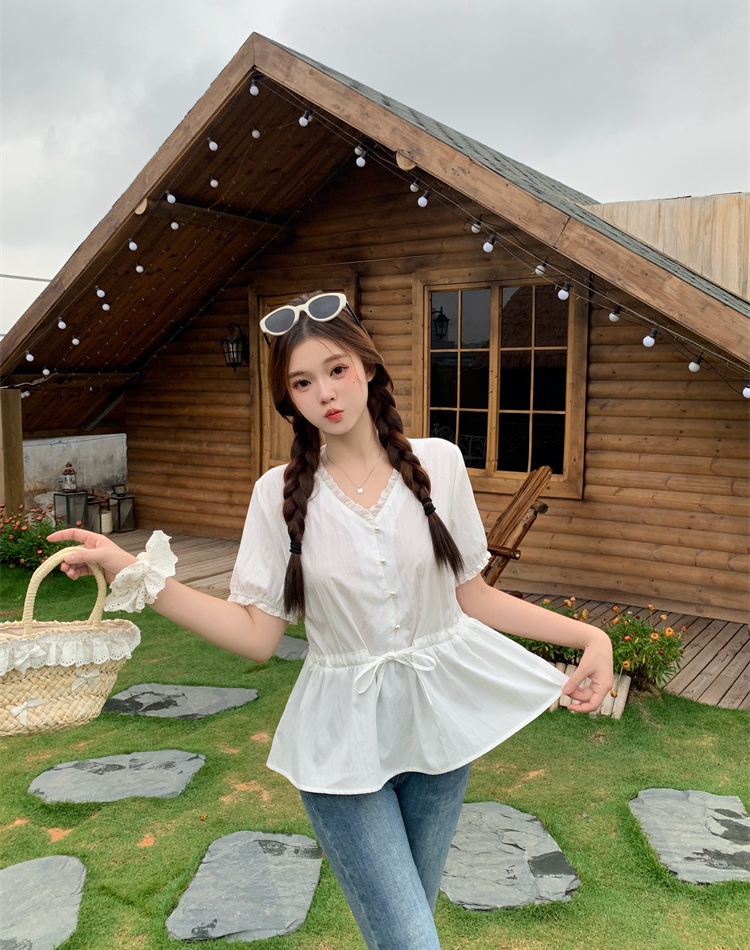 Pinched waist drawstring doll shirt summer shirt for women