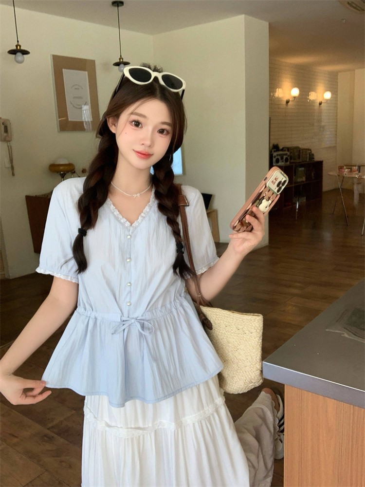 Pinched waist drawstring doll shirt summer shirt for women