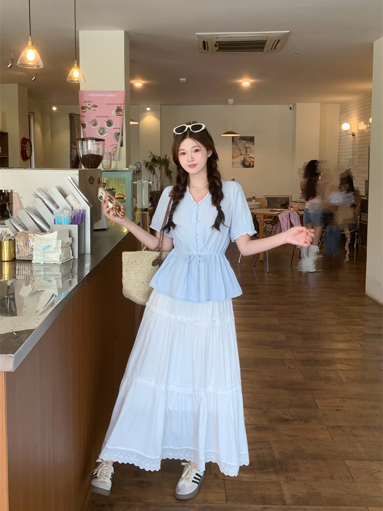 Pinched waist drawstring doll shirt summer shirt for women