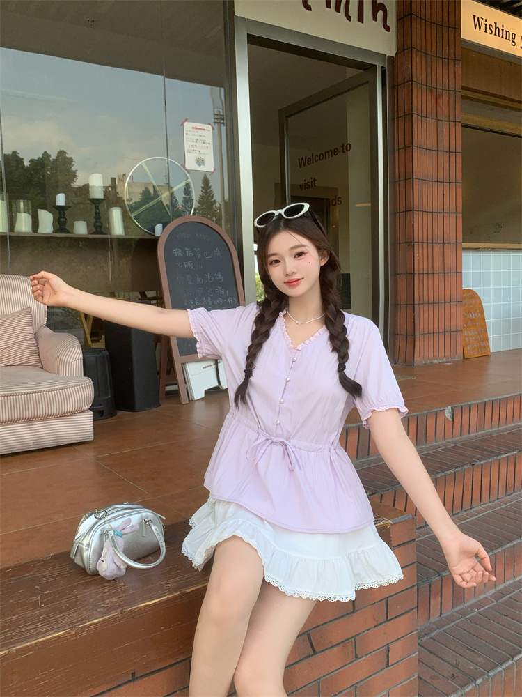 Pinched waist drawstring doll shirt summer shirt for women