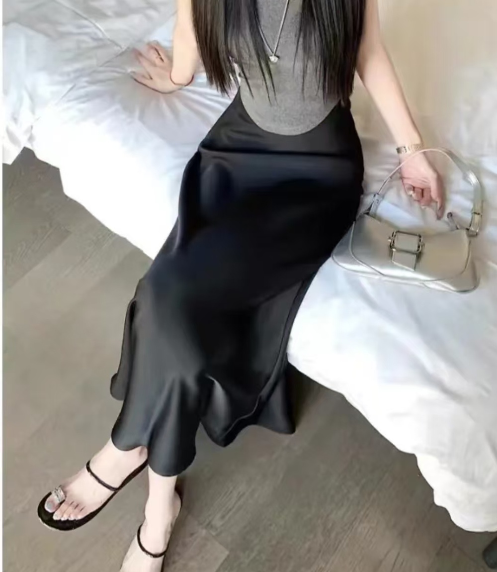 Satin package hip skirt drape slim long skirt