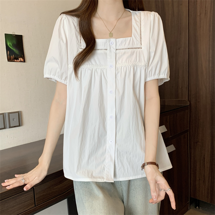 Short sleeve square collar short tops temperament white shirt