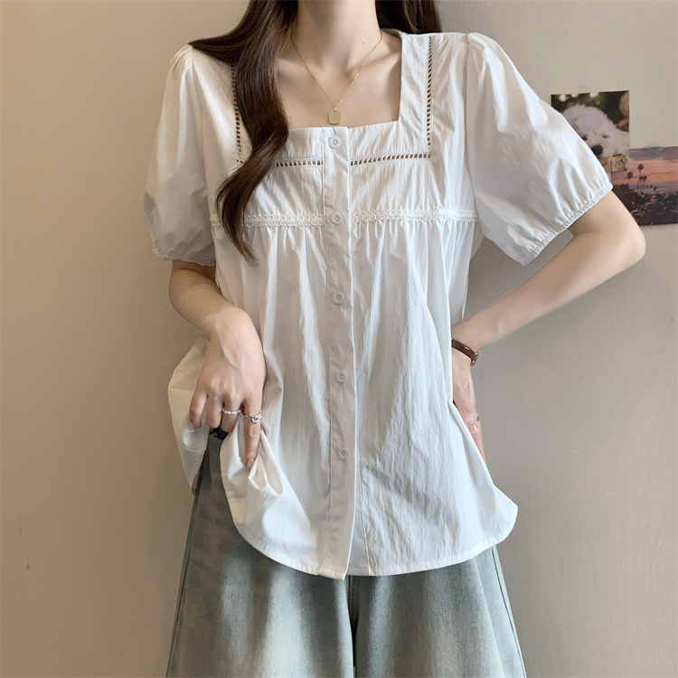 Short sleeve square collar short tops temperament white shirt