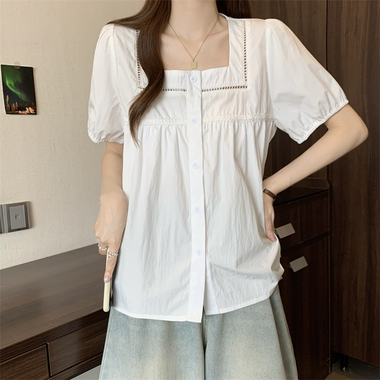 Short sleeve square collar short tops temperament white shirt