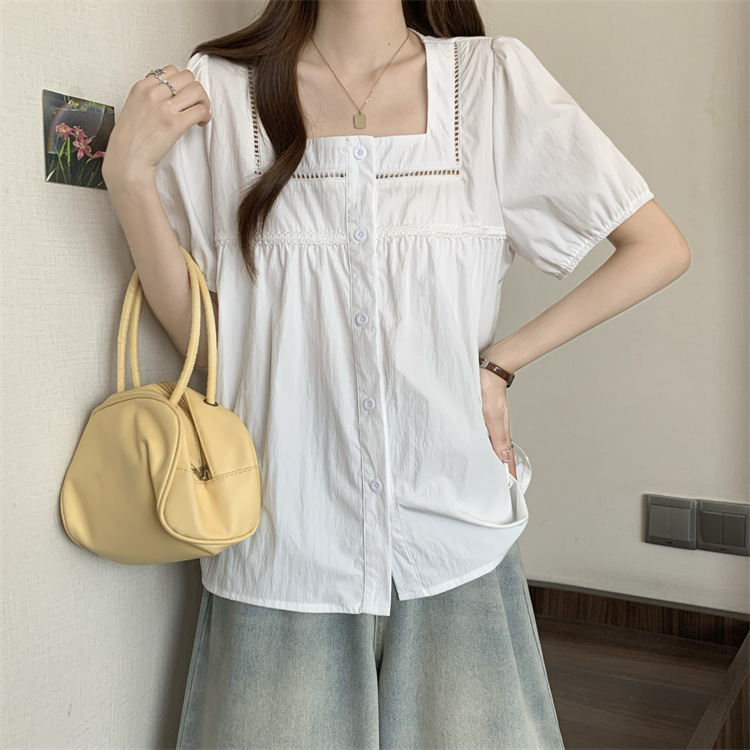Short sleeve square collar short tops temperament white shirt