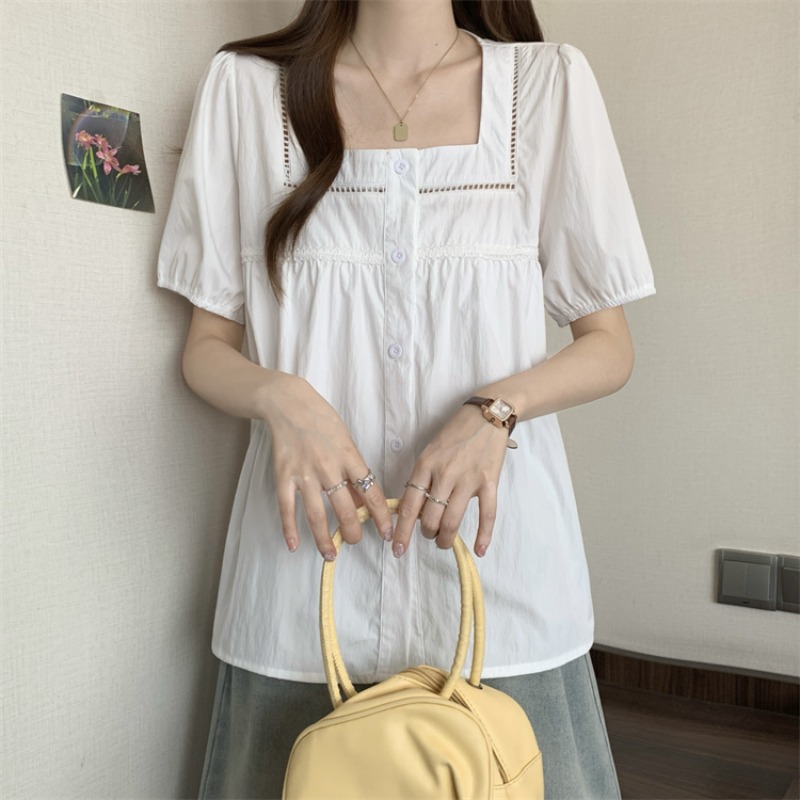 Short sleeve square collar short tops temperament white shirt