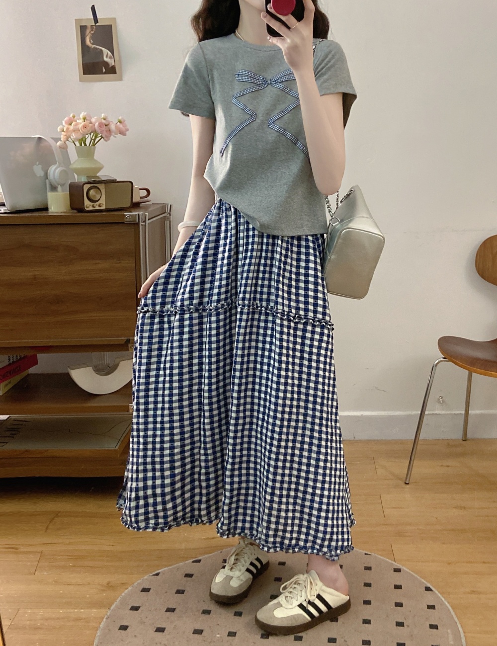 Show young maiden bow slim short sleeve retro skirt a set
