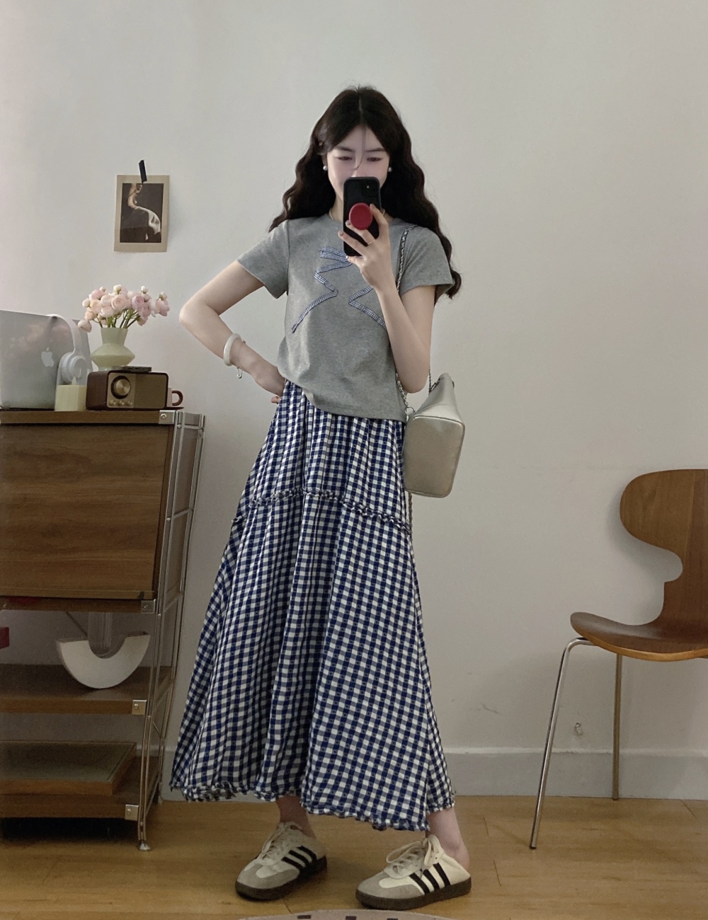 Show young maiden bow slim short sleeve retro skirt a set