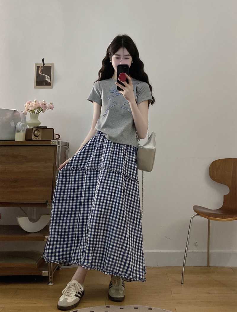 Show young maiden bow slim short sleeve retro skirt a set
