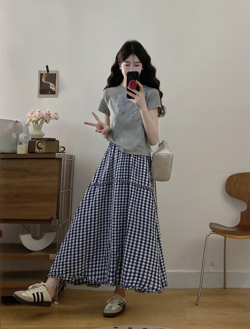 Show young maiden bow slim short sleeve retro skirt a set