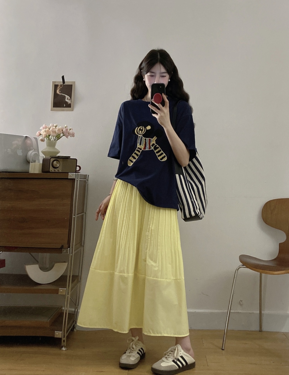 Crimp temperament short sleeve T-shirt loose pony slim skirt