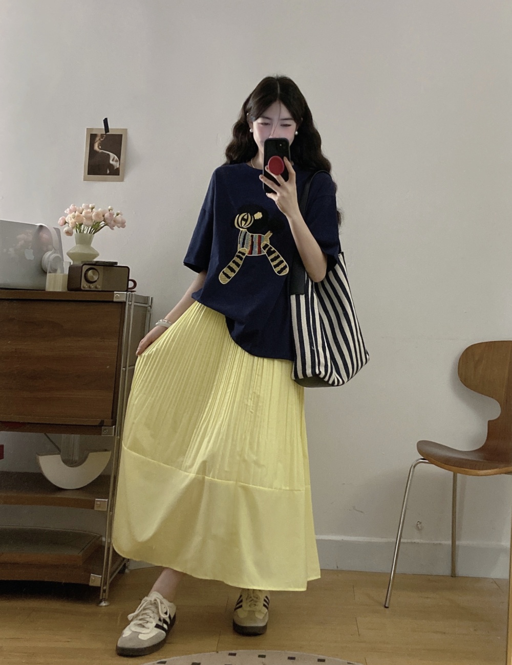 Crimp temperament short sleeve T-shirt loose pony slim skirt