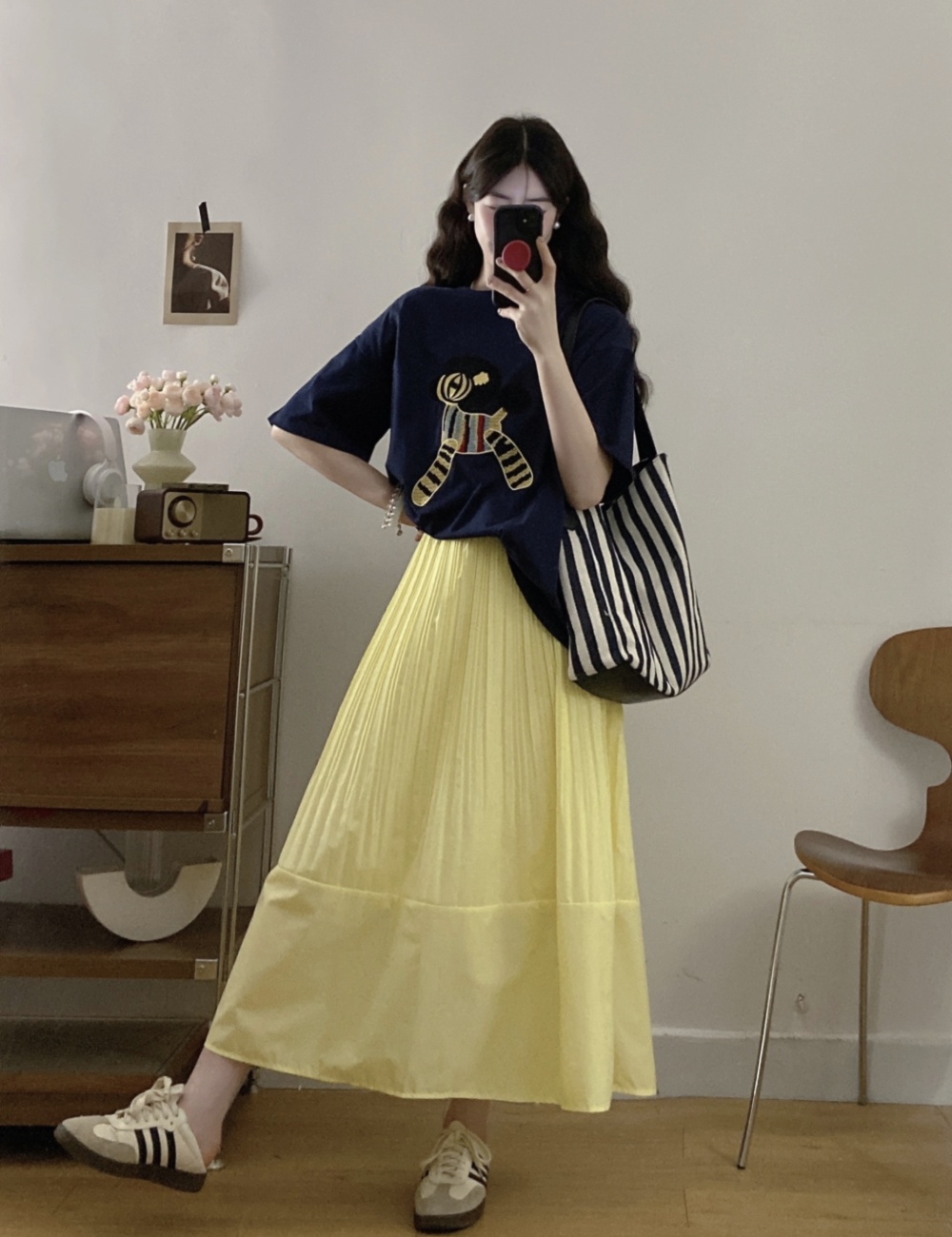 Crimp temperament short sleeve T-shirt loose pony slim skirt