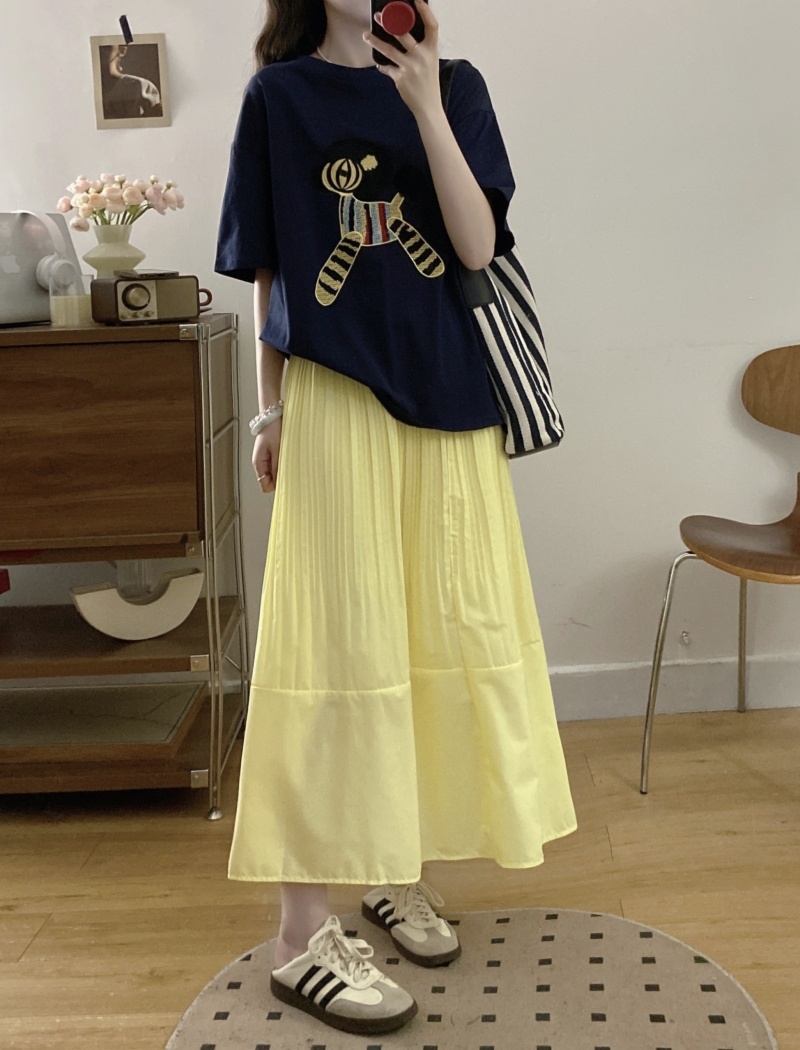 Crimp temperament short sleeve T-shirt loose pony slim skirt