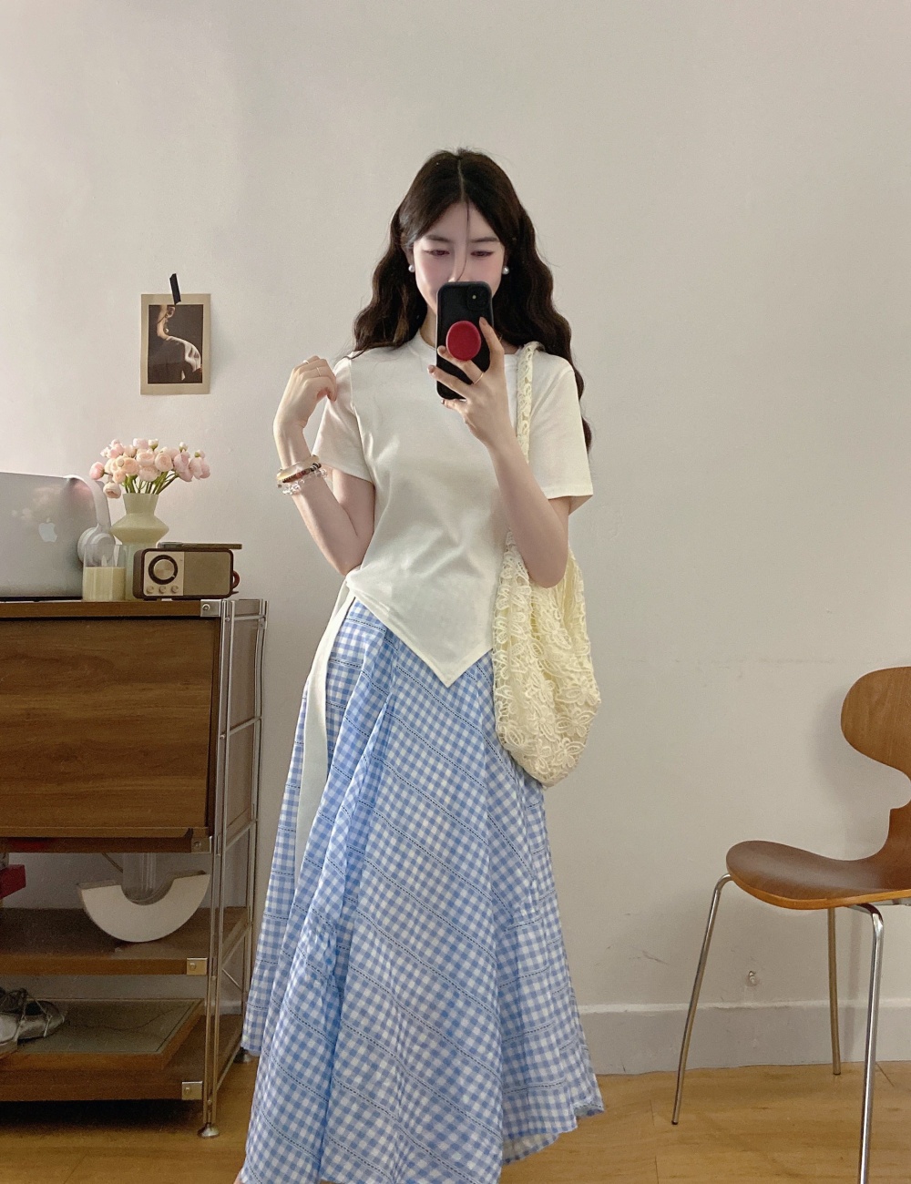 Plaid half summer T-shirt frenum irregular skirt a set