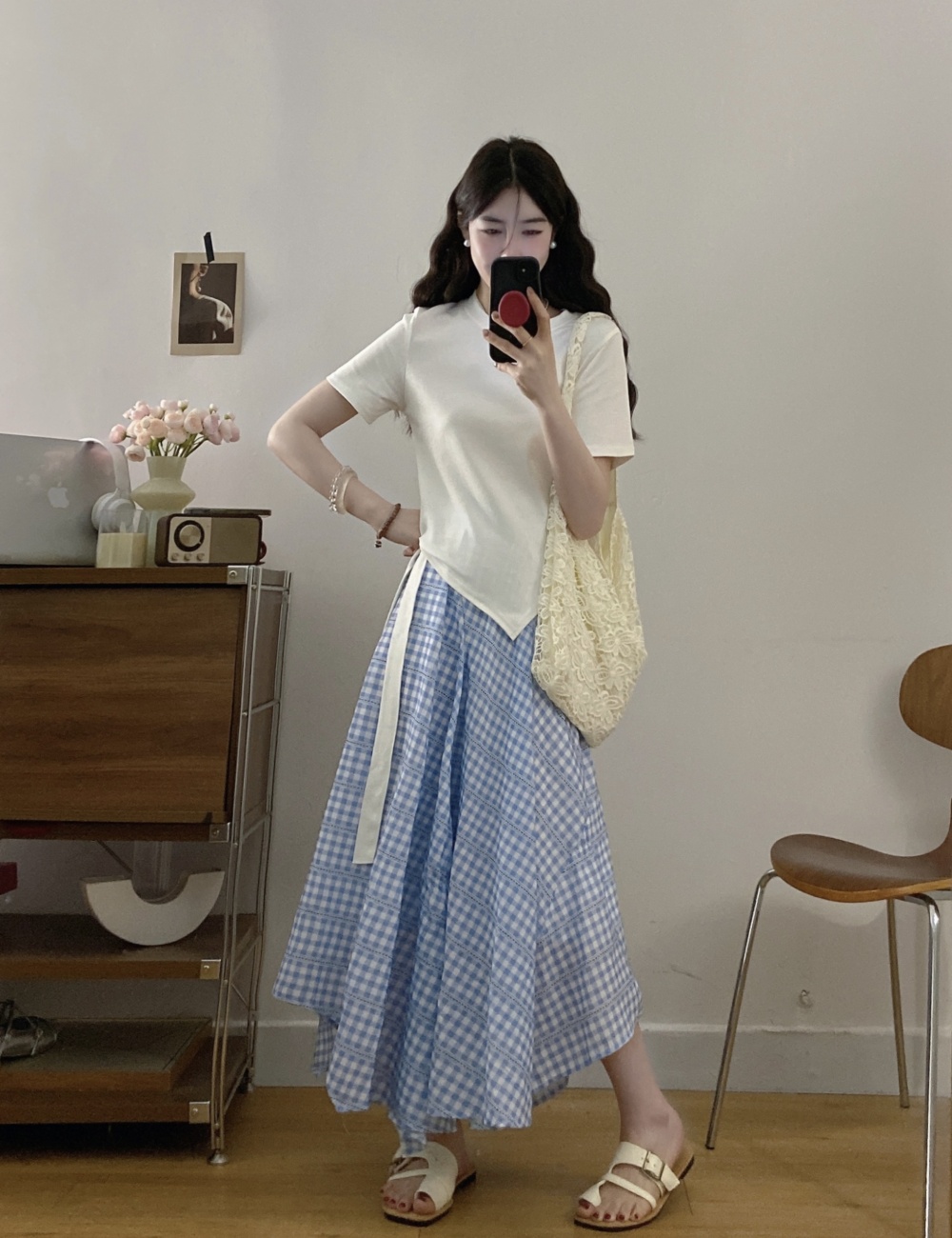 Plaid half summer T-shirt frenum irregular skirt a set