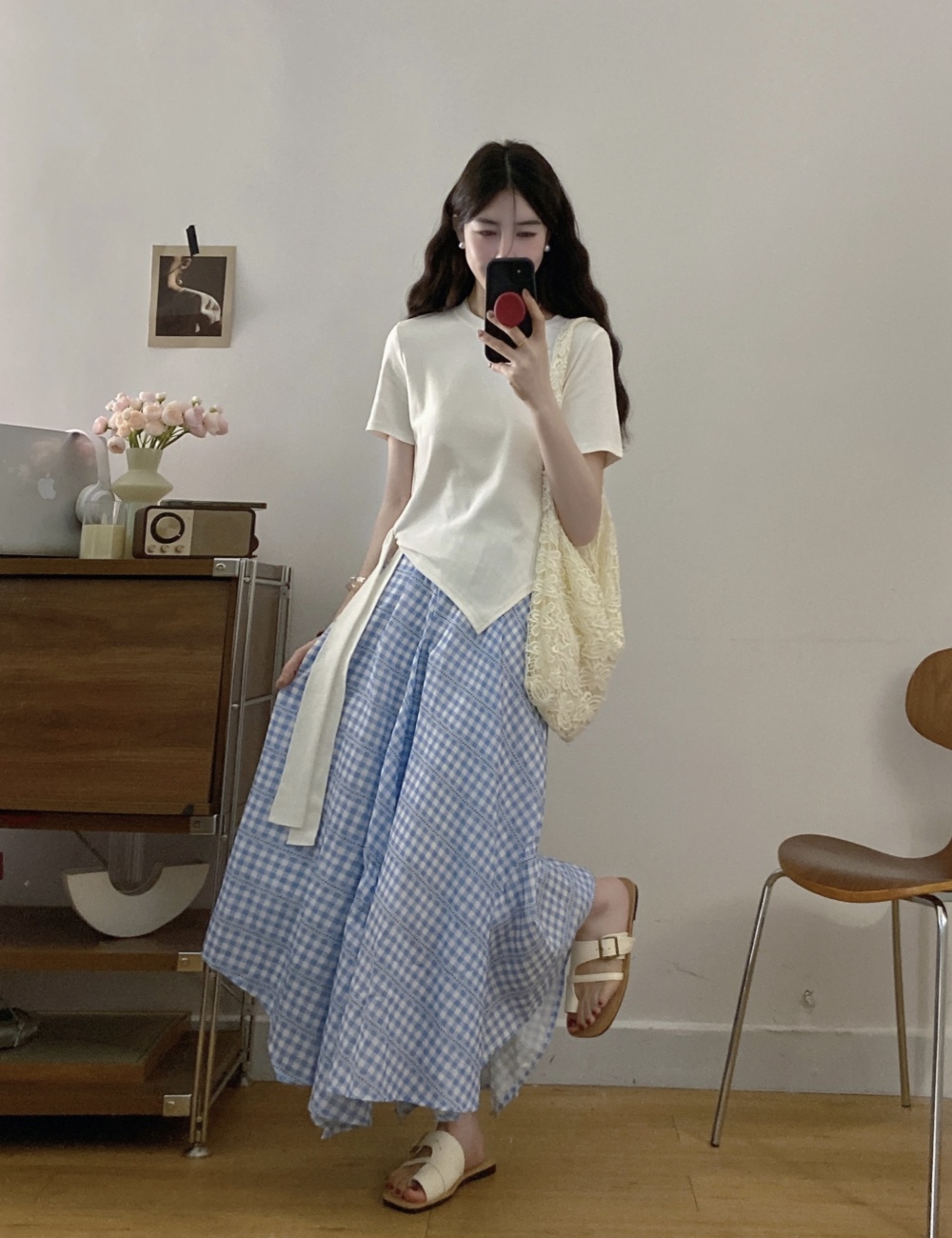 Plaid half summer T-shirt frenum irregular skirt a set