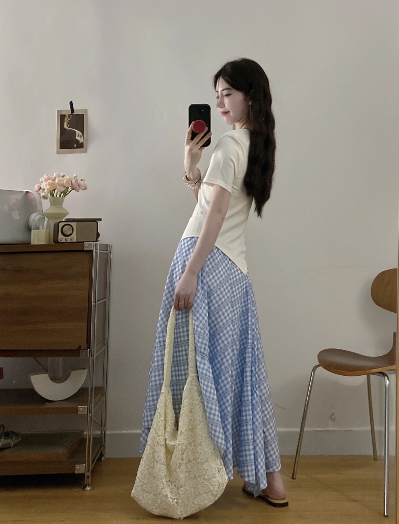 Plaid half summer T-shirt frenum irregular skirt a set