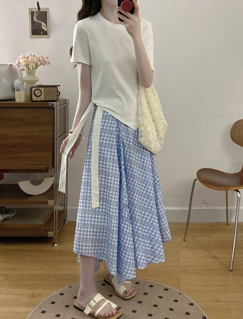 Plaid half summer T-shirt frenum irregular skirt a set