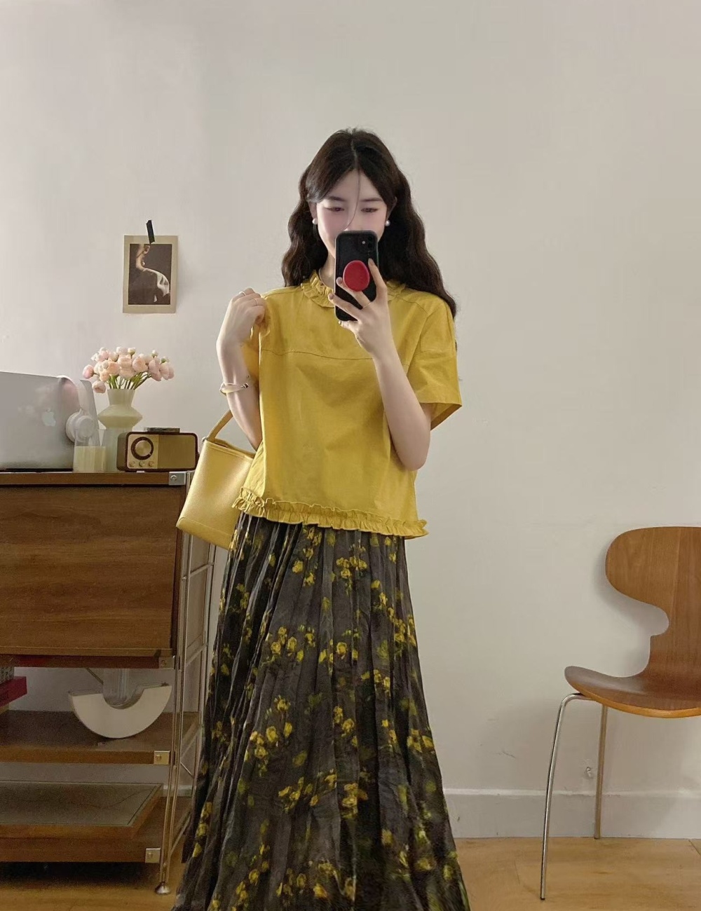 Pleated show young shirt short sleeve slim tops 2pcs set