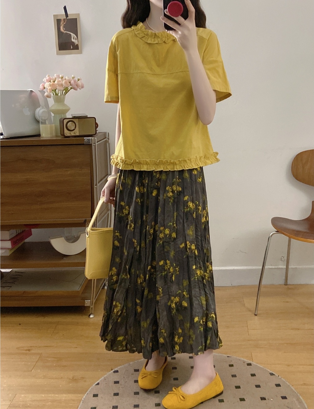 Pleated show young shirt short sleeve slim tops 2pcs set