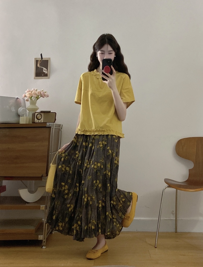 Pleated show young shirt short sleeve slim tops 2pcs set