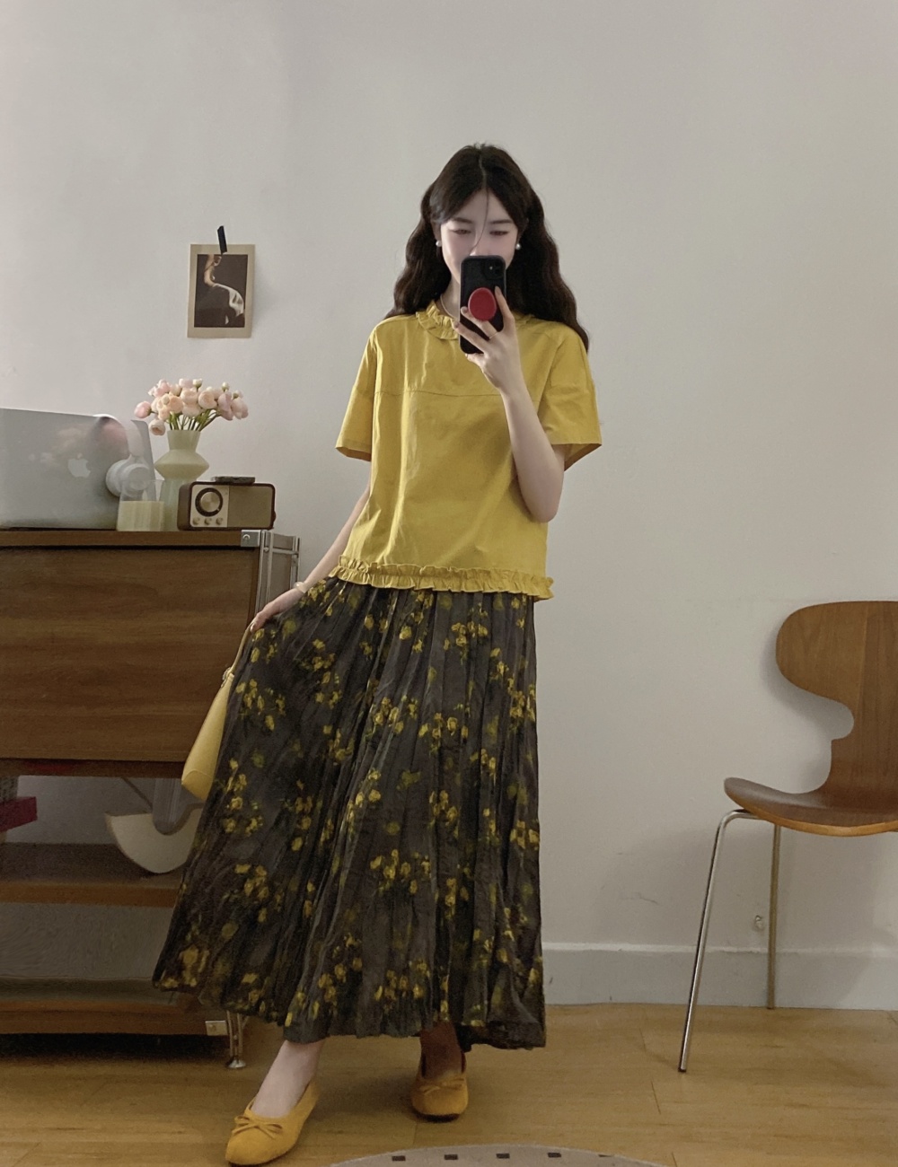 Pleated show young shirt short sleeve slim tops 2pcs set