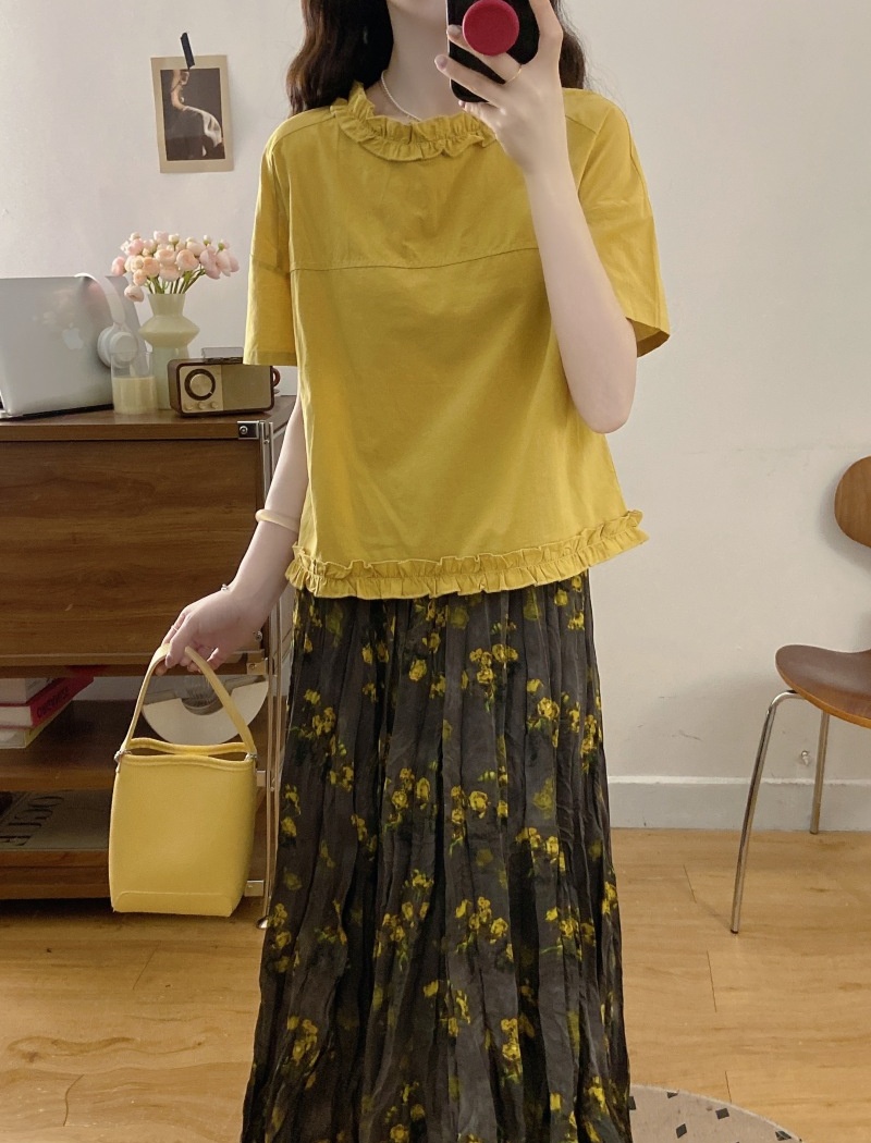Pleated show young shirt short sleeve slim tops 2pcs set