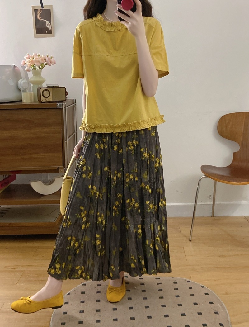 Pleated show young shirt short sleeve slim tops 2pcs set