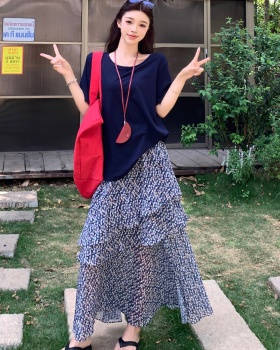 Floral T-shirt all-match skirt 2pcs set